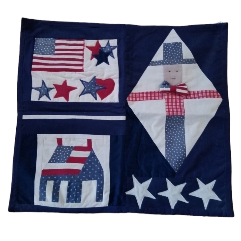 Patriotic Wall Hanging Quilt Flag Stars 3D Bow Hearts House Red White Blue Stars